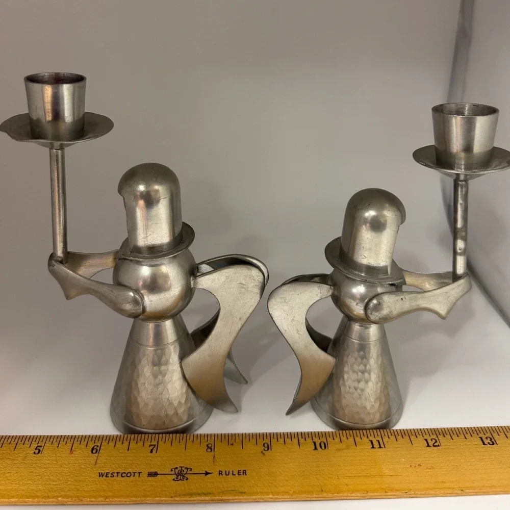 Banka Tin Silver Pewter Angel Candle Holders Hammered Set of 2